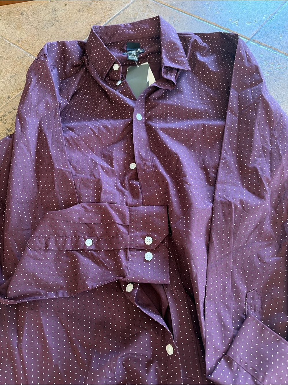 H&M Men's Maroon Button-Down Shirt with White Microdots